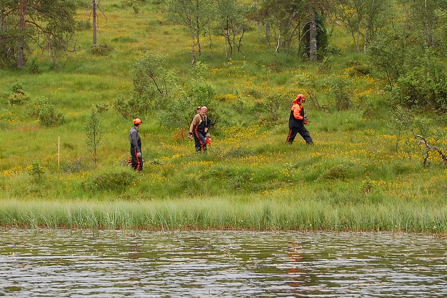 Med motorsag og dugnadsånd ble terrenget ryddet for å gjøre plass til den nye turstien rundt Kleivvatnet. Foto: Kleivvatnets Venner.