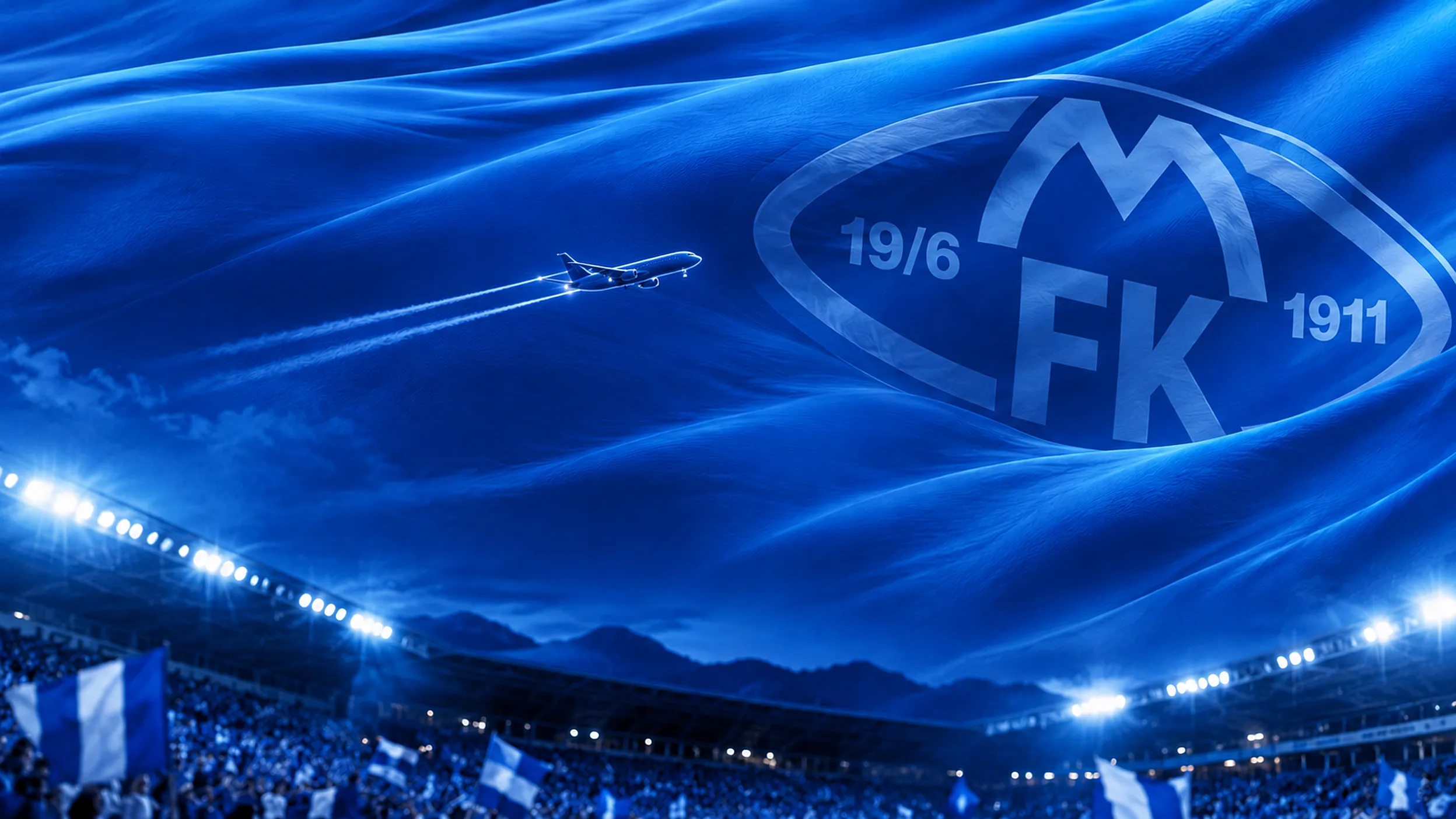 Blaa fotballhimmel med fly og klubbemblem